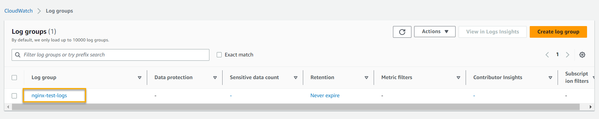 Verificación del grupo de registro de AWS CloudWatch recién creado