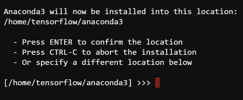 Aceptar la ubicación de instalación predeterminada de Anaconda