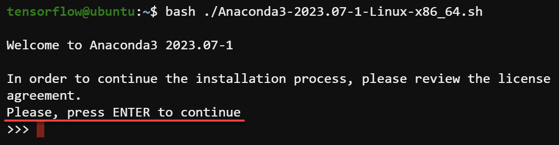 Confirmación de la ejecución del script del instalador de Anaconda