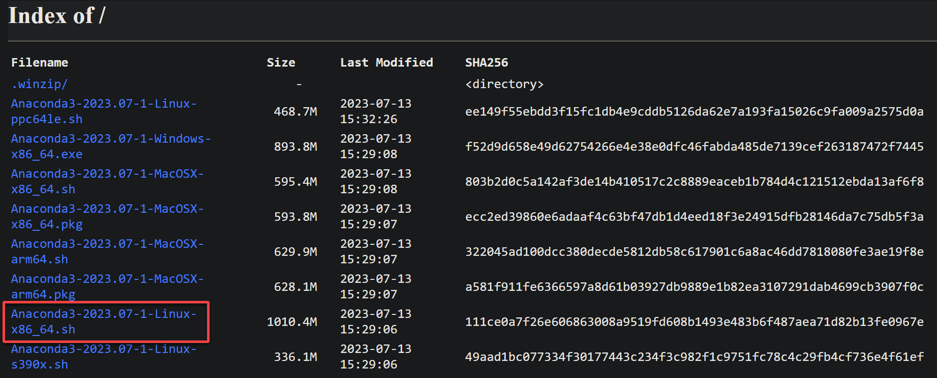 Copiando la URL de la última versión del instalador de Anaconda