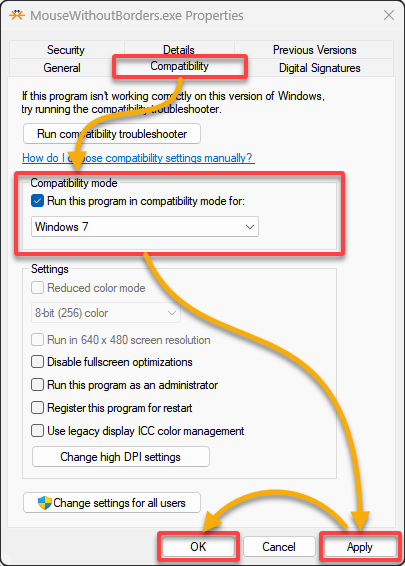 Configuración de Mouse sin bordes para que se ejecute en modo de compatibilidad