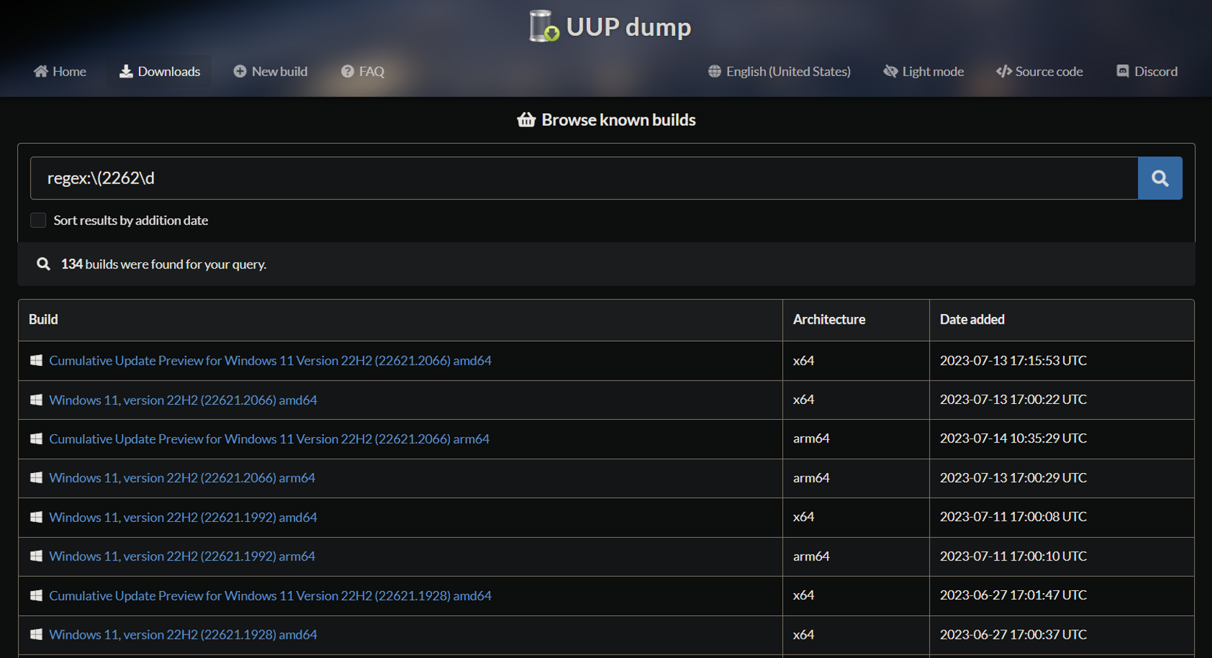 Selección de volcado de UUP para una compilación de Windows