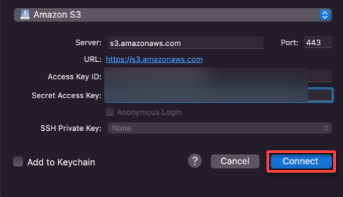 Autorizar una conexión Cyberduck a un servicio AWS S3