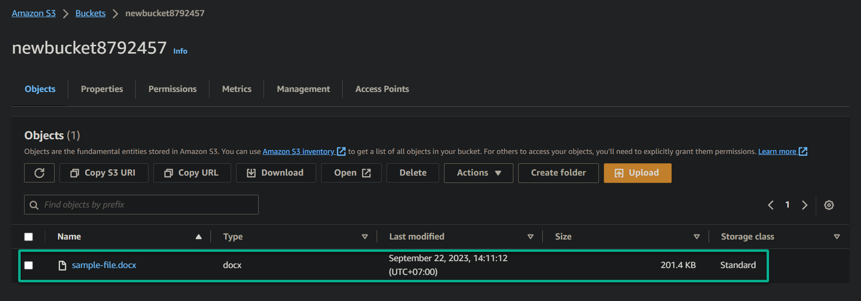 Verificación del archivo cargado en el depósito de AWS S3 a través de la Consola de administración de AWS