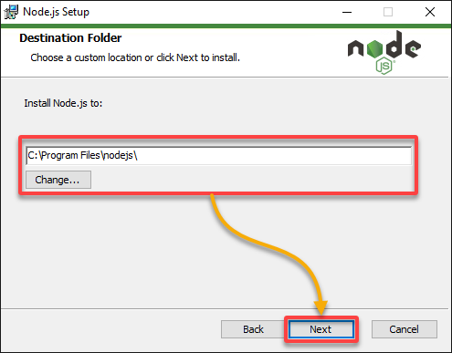 Seleccionar la carpeta de instalación de Node.js