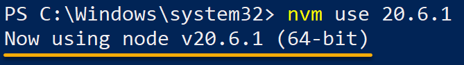 Cambiar a Node.js versión 20.6.1