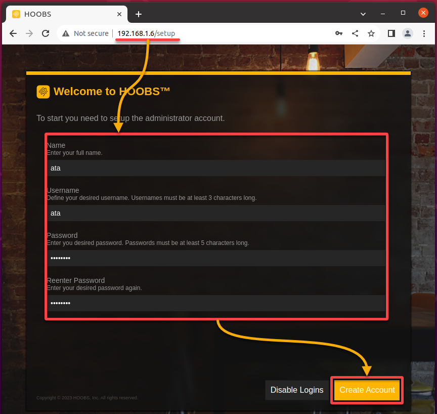 Configurar una cuenta de administrador para HOOBS