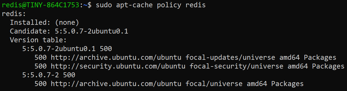 Listado de las versiones candidatas a instalación del paquete Redis