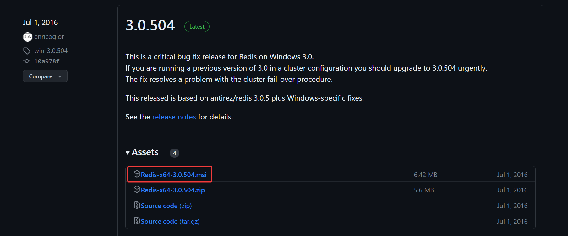 Descargando la versión .msi del paquete de instalación de Redis