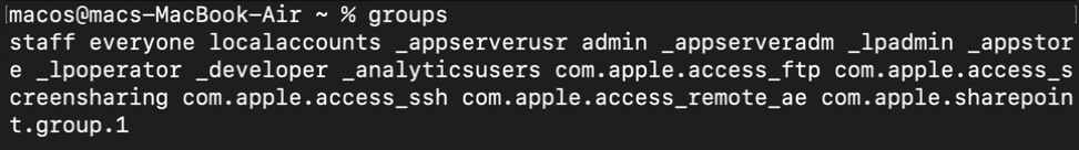 Mostrar la membresía del grupo del usuario actual (macOS/Linux)