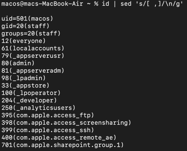 Mostrar la salida del comando id en formato de lista