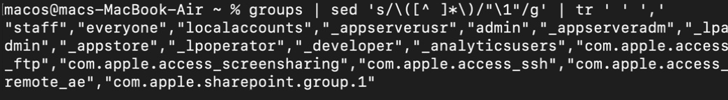 Mostrar la salida del comando de grupos en formato csv