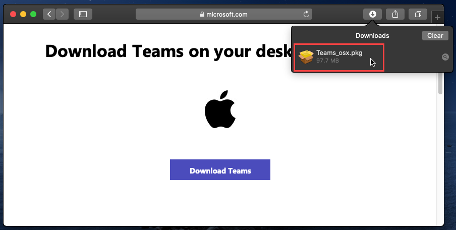 Al hacer clic en el instalador de Teams en la lista de descargas de Safari.