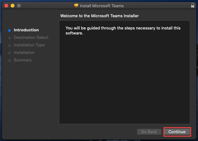 La página de bienvenida a la instalación de Microsoft Teams.