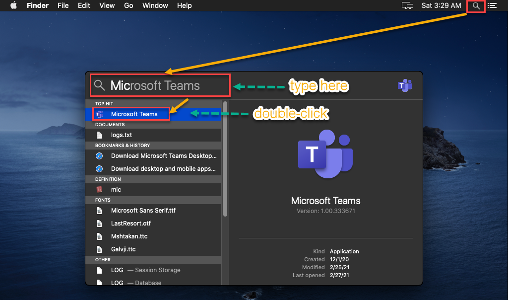 Iniciar Microsoft Teams desde la búsqueda de Spotlight.