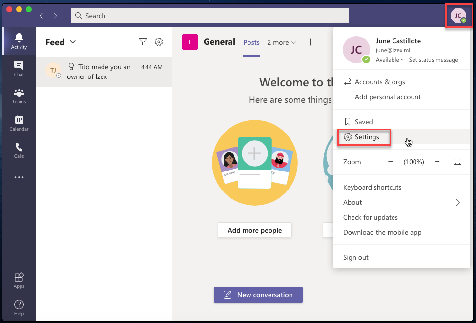 Abriendo la configuración de Microsoft Teams.