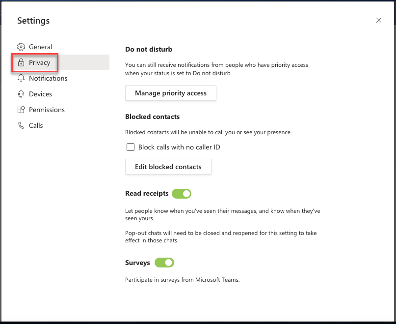 Configuración de privacidad de Microsoft Teams.