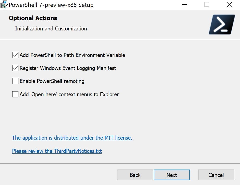 imagen_tooltip Elegir los valores predeterminados en la instalación de PowerShell 7