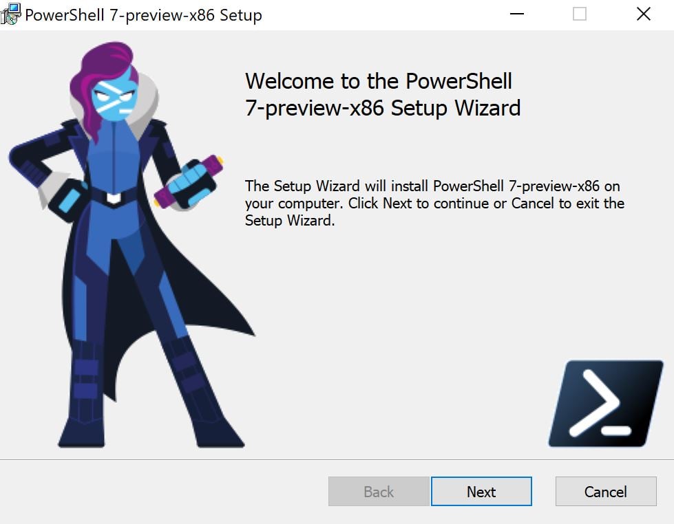 Pantalla de bienvenida de instalación de PowerShell 7