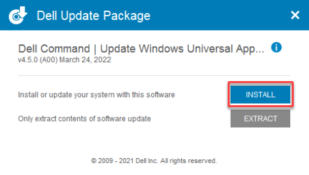 Inicio de la instalación de la herramienta Dell Command Update