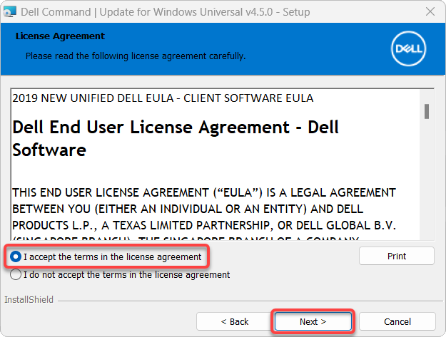 Aceptación del acuerdo de licencia de usuario final de Dell Command Update