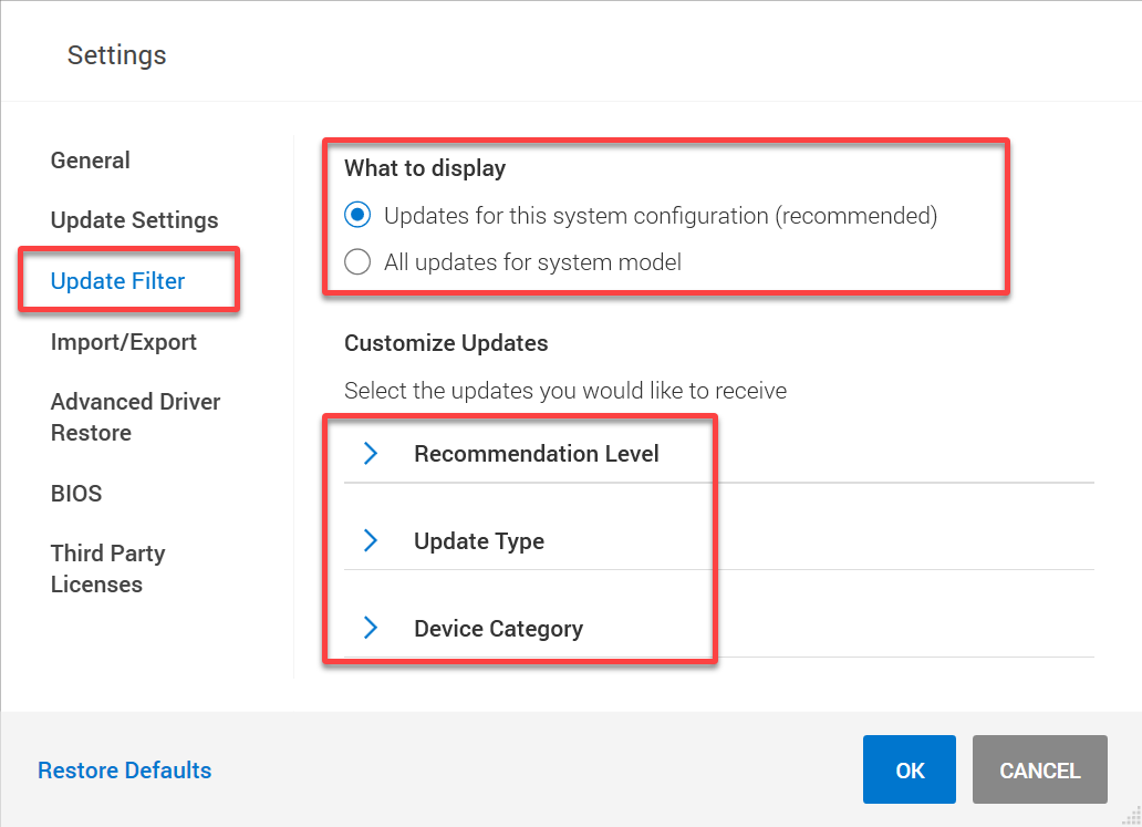Ajuste de la configuración del filtro de actualización en Dell Command Update
