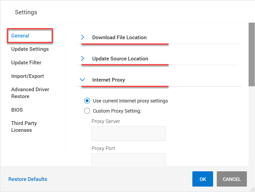 Configuración de ajustes generales en Dell Command Update