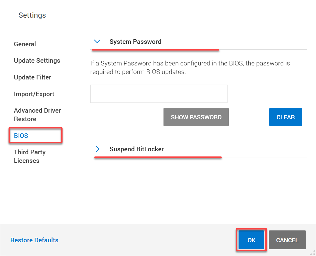 Ajuste de la configuración del BIOS en Dell Command Update