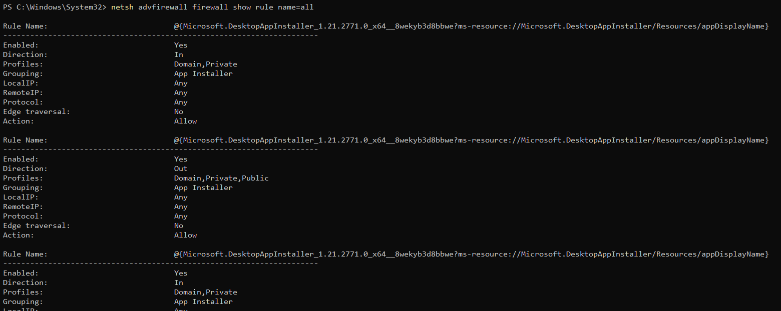 Comando netsh: enumera todas las reglas de firewall configuradas