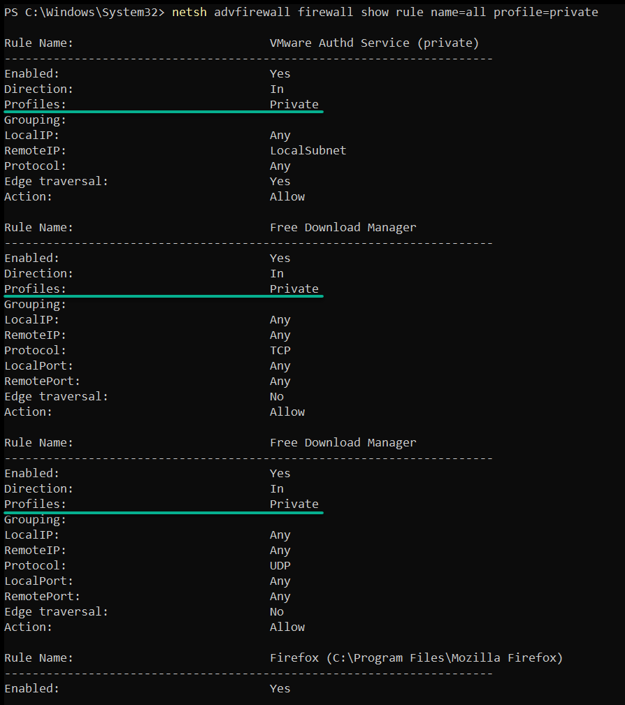 Listado de reglas de firewall en perfiles privados