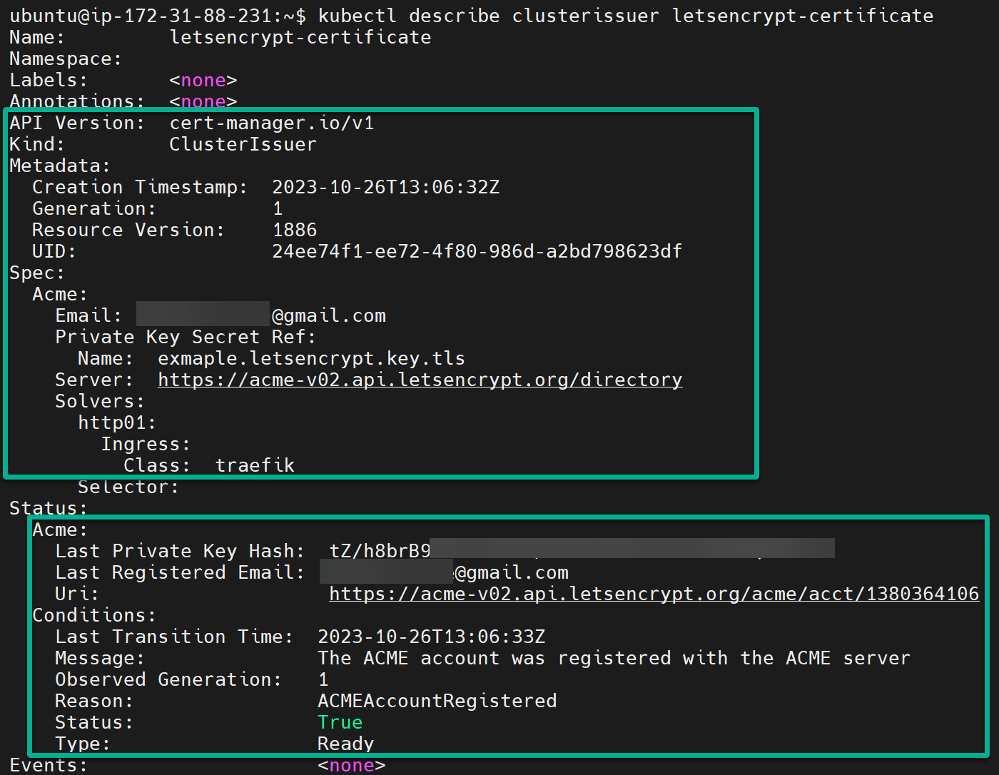 Comprobación de un ClusterIssuer implementado