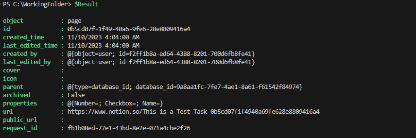 Resultado de la creación de un nuevo elemento de base de datos.