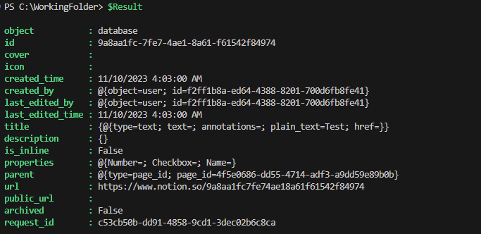Resultado de la creación de una nueva base de datos.