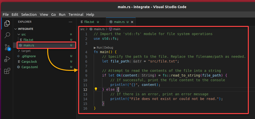 Modificar el archivo fuente principal de Rust
