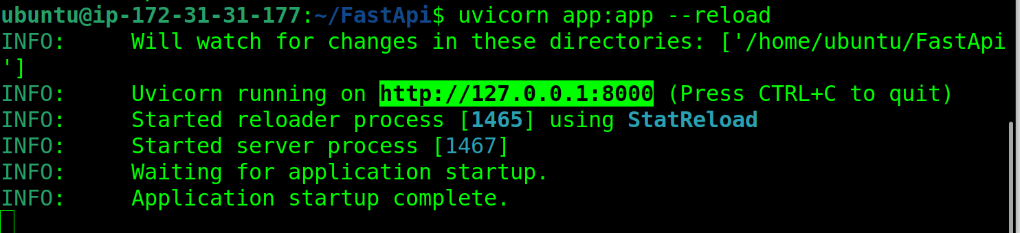 Ejecutando el código en el archivo app.py usando uvicorn