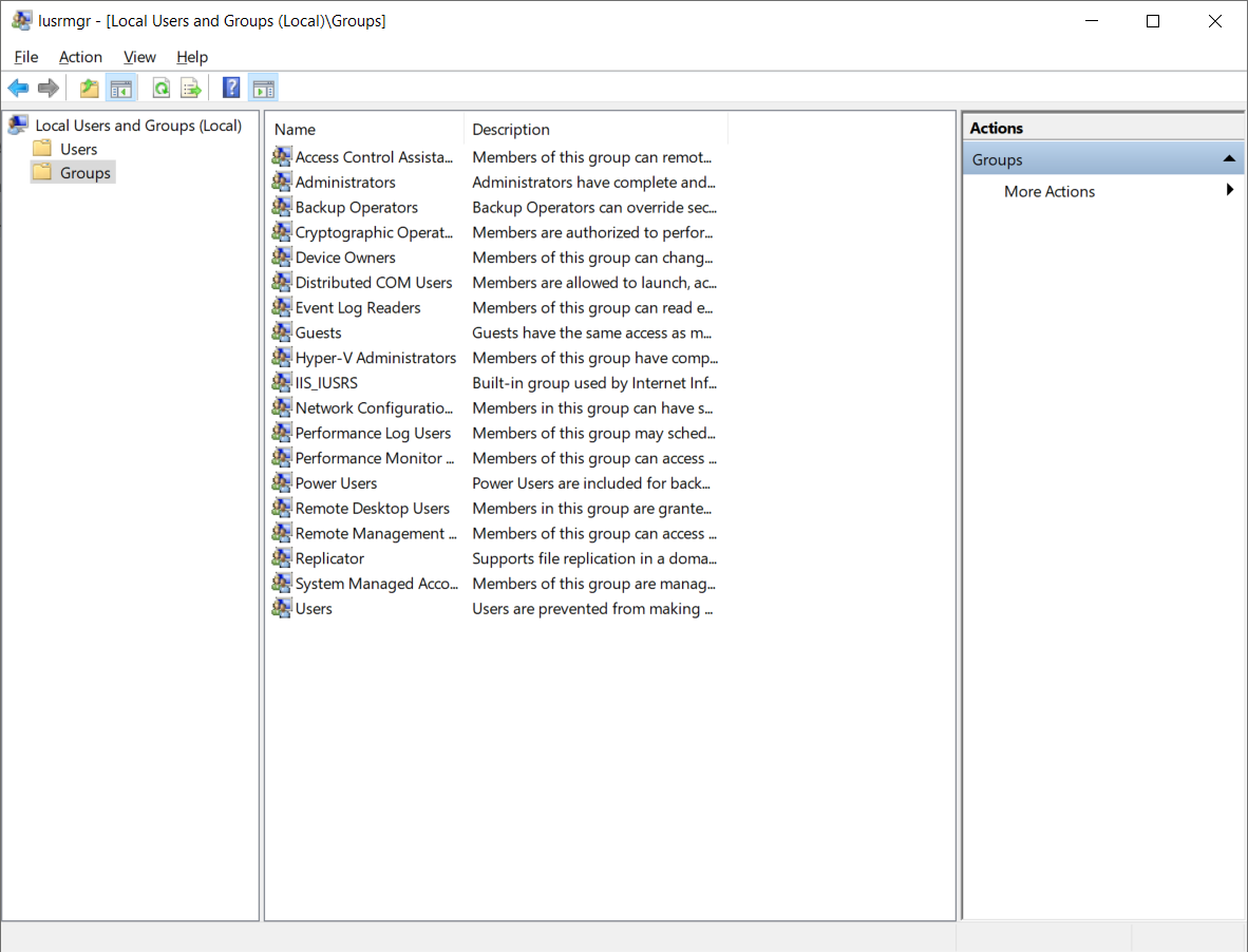 El panel de control de usuario local de Windows