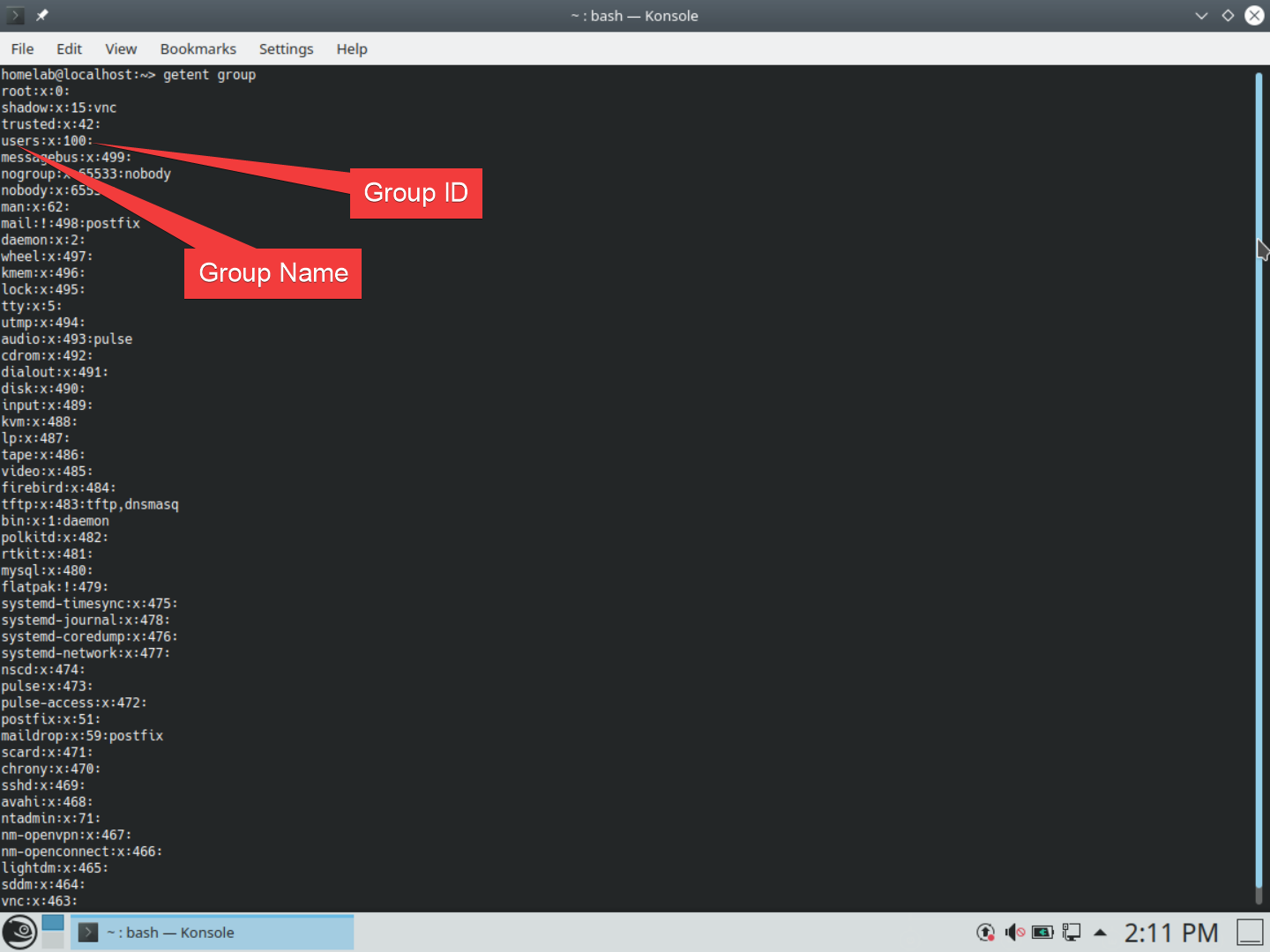 ejecutando el grupo getent dentro de la terminal