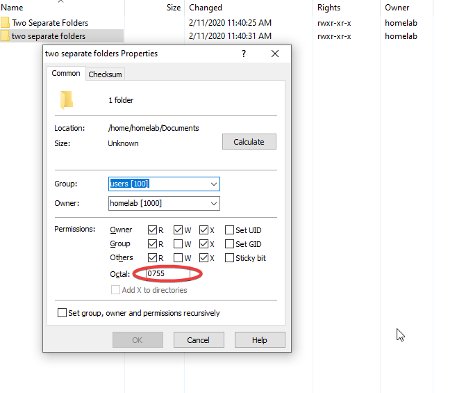 El menú de permisos, visto de forma remota desde una máquina con Windows usando WinSCP