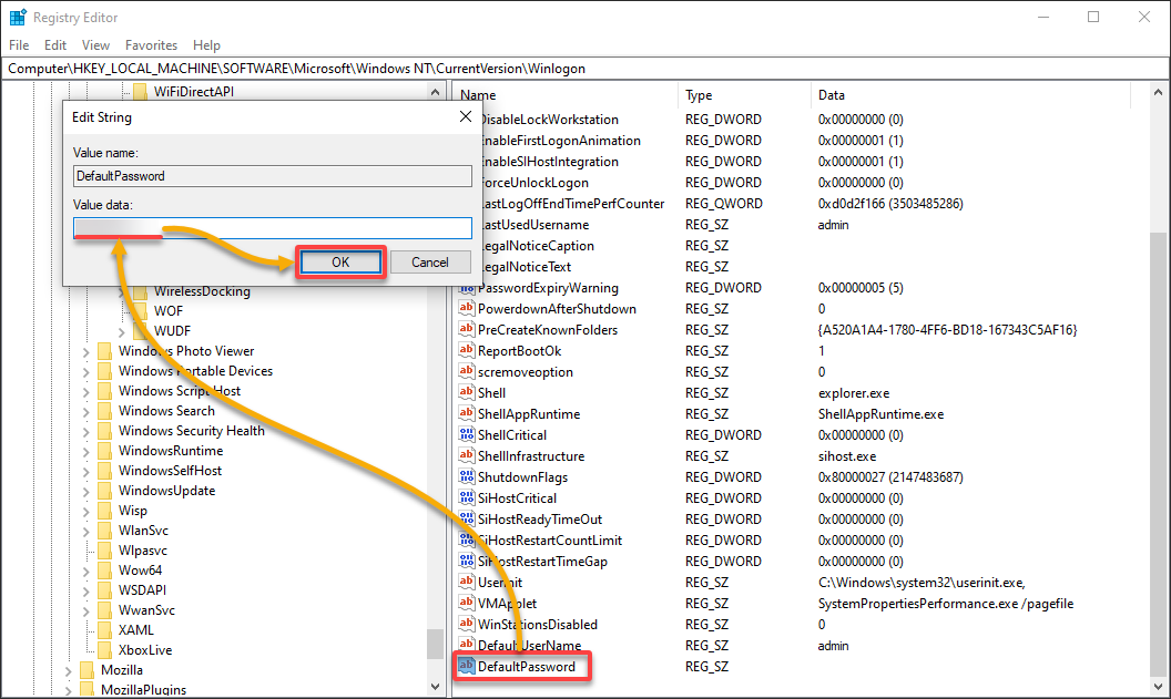 Creando la entrada DefaultPassword