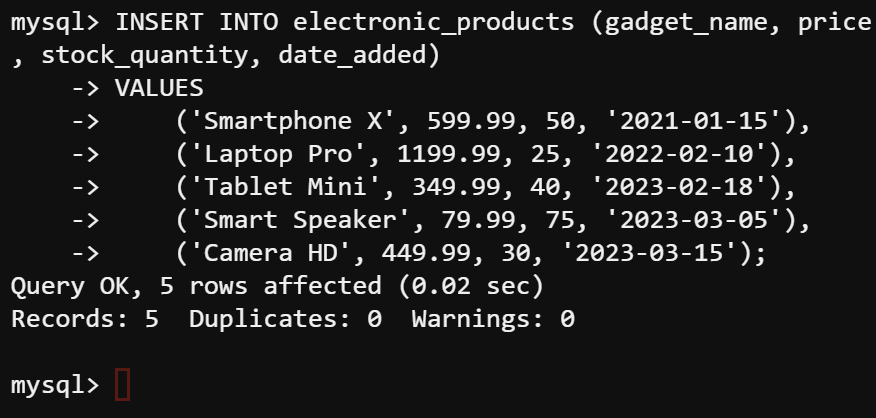 Insertando datos en la tabla electronic_products