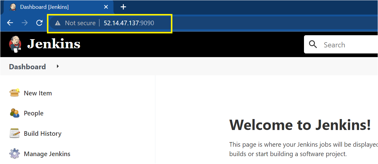 Jenkins ejecutándose exitosamente en el puerto 9090