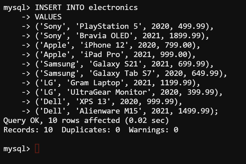 Insertar datos en la tabla recién creada (electrónica)