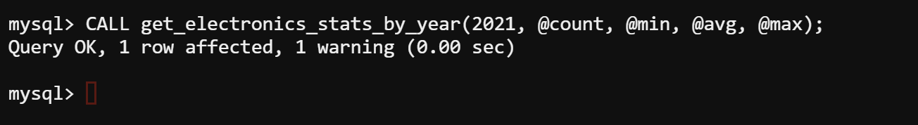 Llamar al procedimiento almacenado get_electronics_stats_by_year