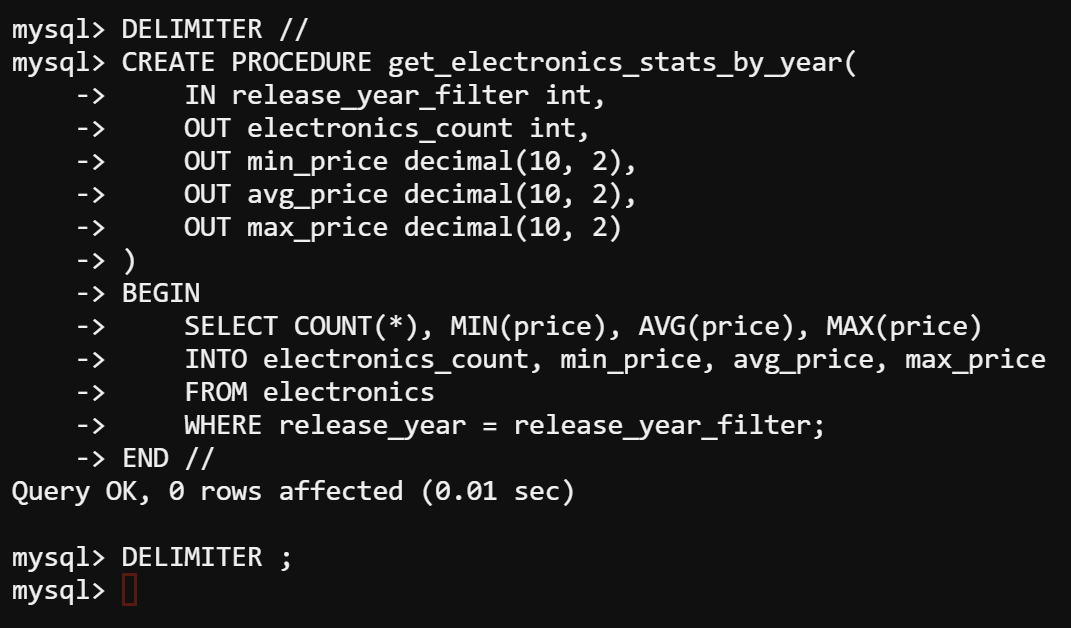 Definición de un procedimiento de tienda MySQL con parámetros IN y OUT