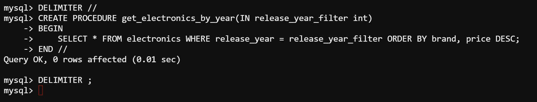 Definición de un procedimiento almacenado de MySQL para recuperar resultados por año de lanzamiento