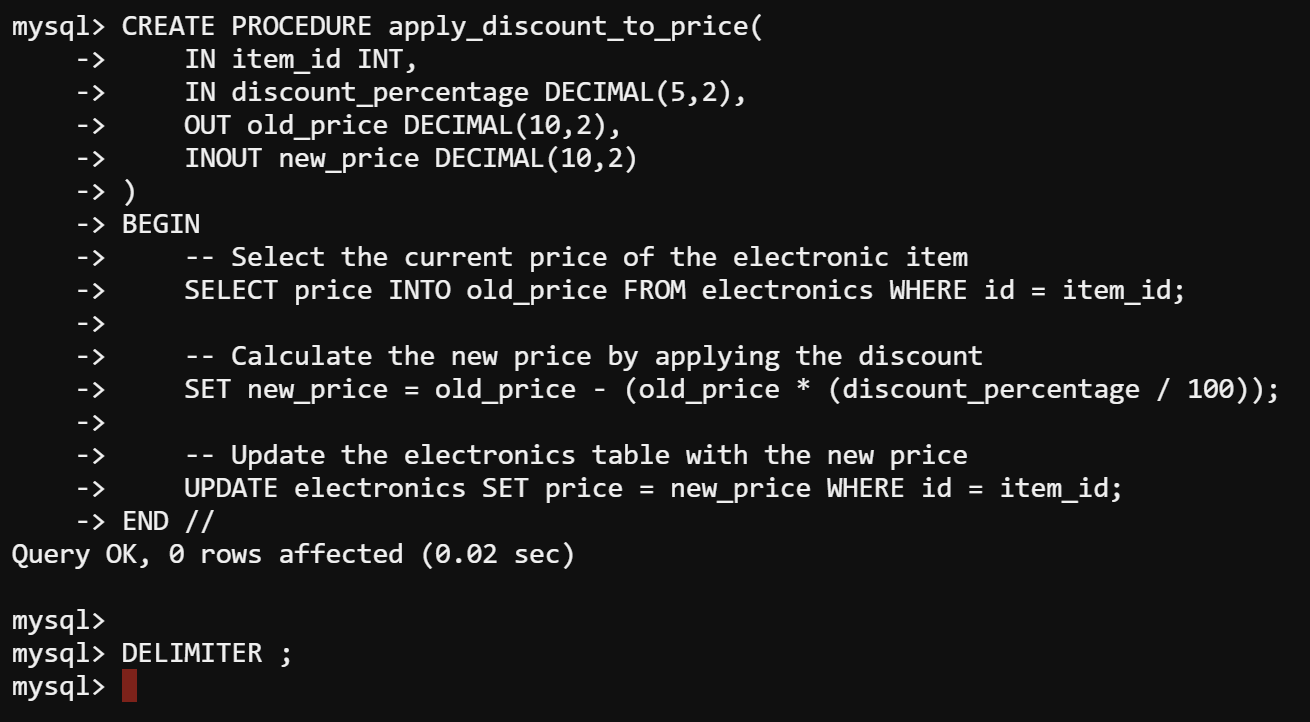 Definición de un procedimiento almacenado MySQL llamado apply_discount_to_price