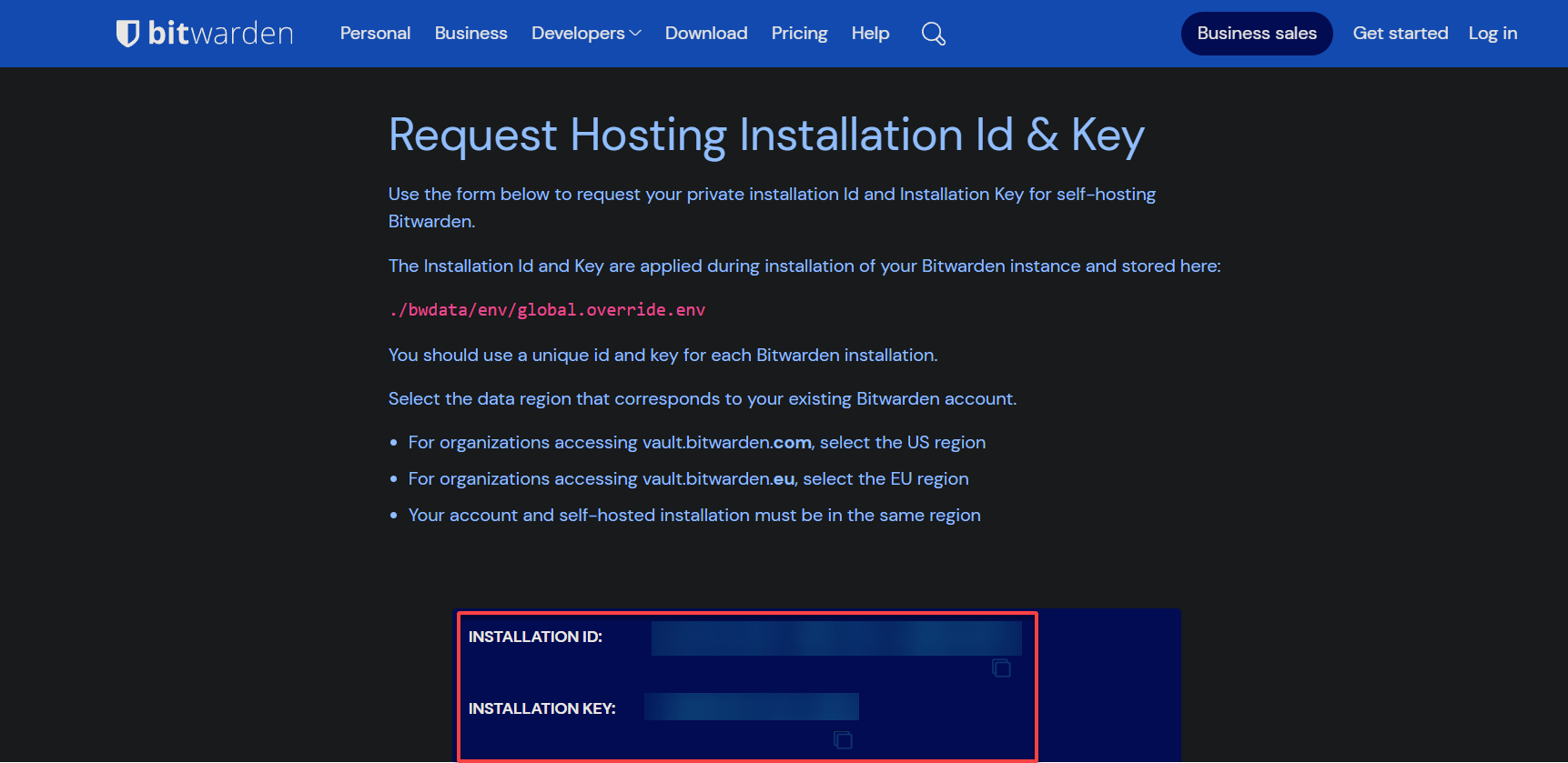 Copiar el ID y la clave de instalación