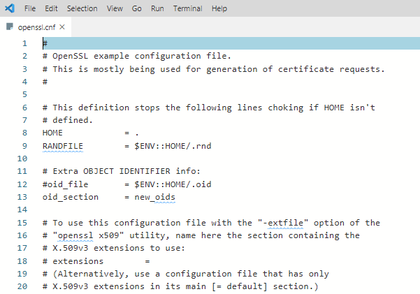 Archivo de configuración de OpenSSL de ejemplo en Visual Studio Code