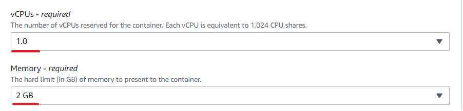 Especificación de vCPU y memoria para el trabajo