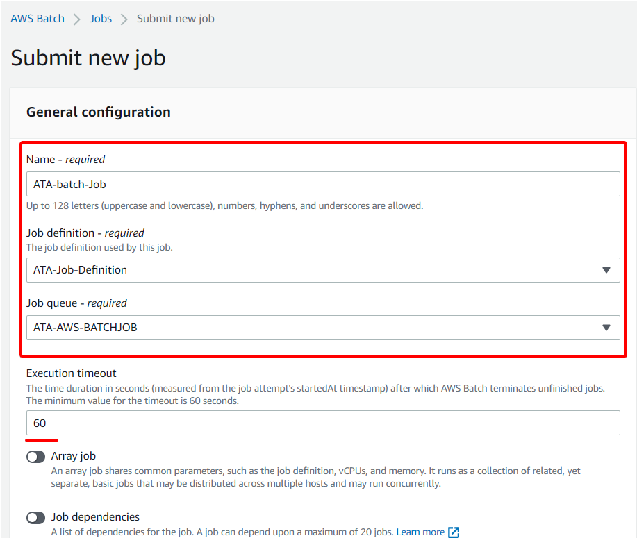 Especificación de los detalles para enviar un nuevo trabajo por lotes de AWS
